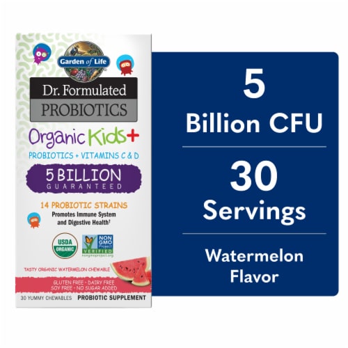 Garden of Life Dr. Formulated Organic Kids+ Probiotics with Vitamin C & D, Watermelon Chewables Perspective: front