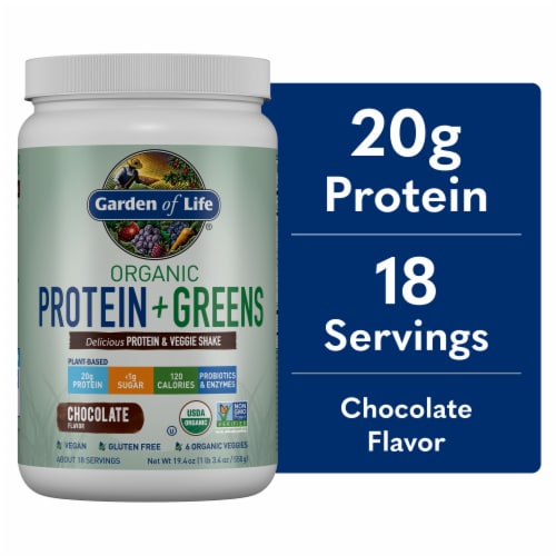 Garden of Life Organic Protein & Greens 20g Vegan Protein + 6 Veggies Chocolate Powder Perspective: front