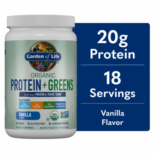 Garden of Life Organic Protein & Greens 20g Vegan Protein + 6 Veggies Vanilla Powder Perspective: front