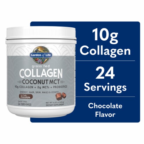 Garden of Life Chocolate Grass Fed Collagen Coconut MCT Dietary Supplement Perspective: front