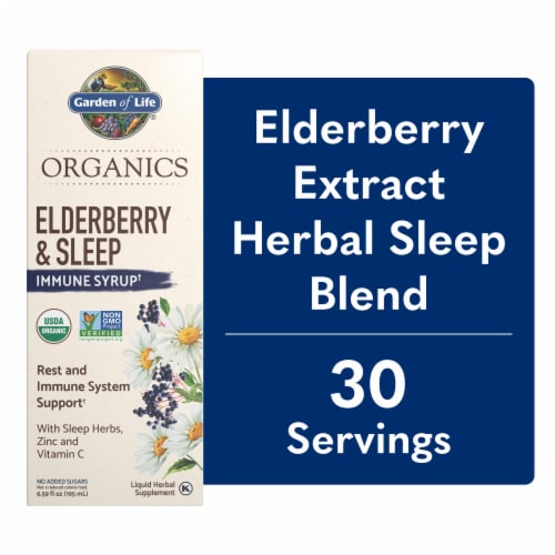 Garden of Life Organics Elderberry & Sleep Immune Syrup, Zinc, Vitamin C, No Added Sugars, Liquid Perspective: front