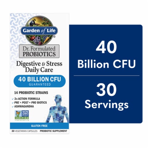Garden of Life Dr. Formulated Digestive & Stress Daily Care Probiotics + Ashwagandha, Capsules Perspective: front