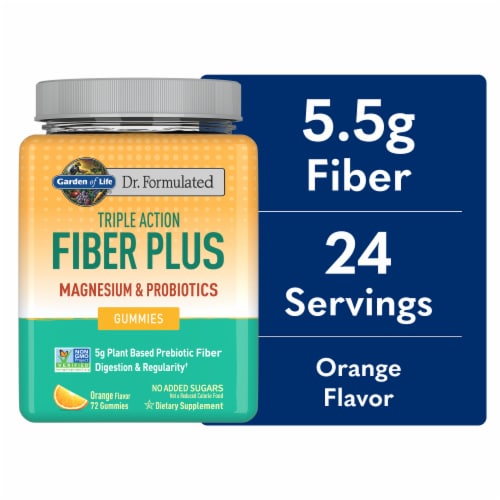 Garden of Life Dr. Formulated Triple Action Fiber Plus Magnesium & Probiotics, Orange Gummies Perspective: front