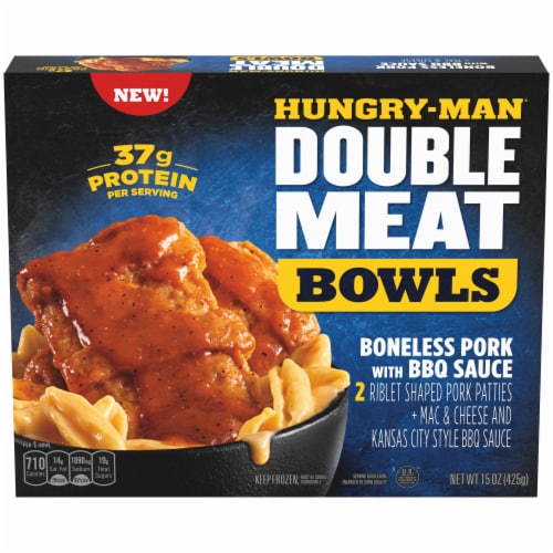 Hungry-Man Double Meat Boneless Pork with BBQ Sauce and Mac & Cheese Frozen Protein Bowl Frozen Meal Perspective: front