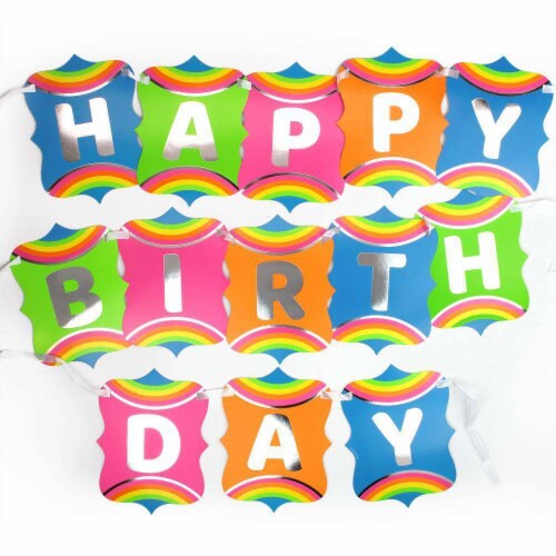 Prime Party Silver Lining Rainbow Unicorn Jointed Happy Birthday Banner Perspective: front