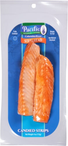 Pacific Sustainable Seafood Hardwood Smoked Steelhead Candied Strips Perspective: front