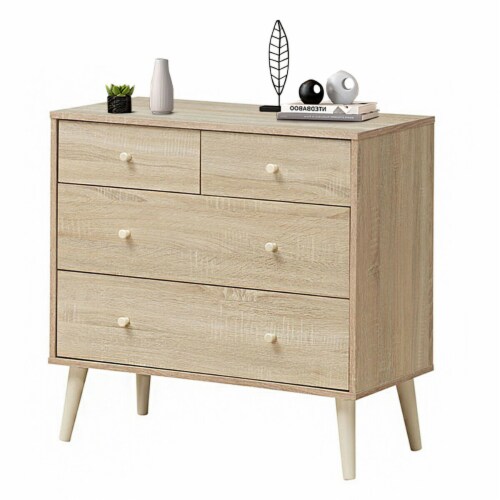 Gymax 4-Drawer Dresser Chest Cabinet Storage Organizer Rubber Leg W/Rail Walnut/Oak Finish Perspective: front