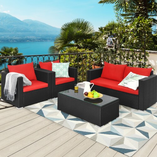 Gymax 4pcs Rattan Patio Conversation Set Outdoor Furniture Set W