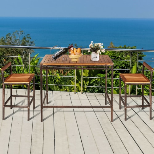 3 PCS Patio Rattan Wicker Bar wood Table Chair Outdoor 1 unit