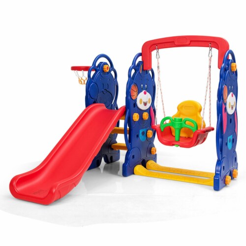 Gymax 3 in 1 Toddler Climber and Swing Set Kid Climber Slide Playset w/Basketball Hoop Perspective: front