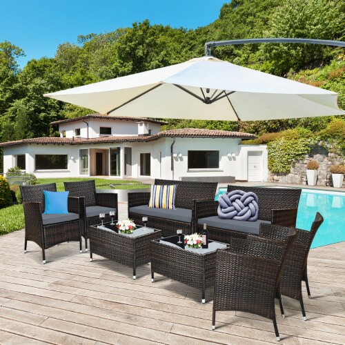 Costway 8PCS Rattan Patio Furniture Set Cushioned Sofa Chair Coffee Table Grey 1 unit Pick n Save