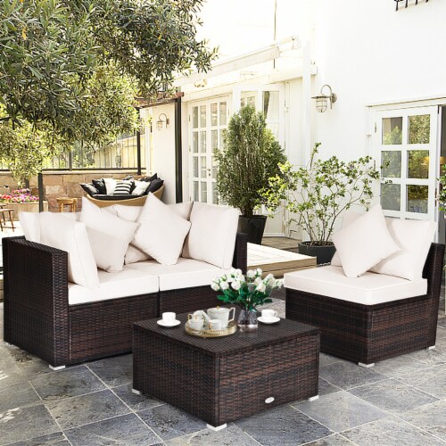 4PCS Rattan Patio Sofa Conversation Set Outdoor Furniture Set w/ Cushion Perspective: front