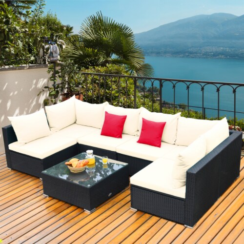 7PCS Rattan Patio Conversation Sectional Furniture Set w Cushion