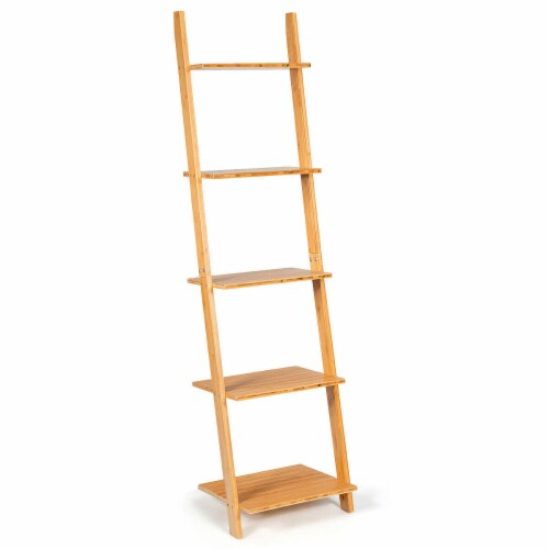 5Tier Ladder Shelf Modern Bamboo Leaning Bookshelf Ladder Bookcase
