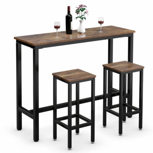 3 Pieces Bar Table Set Counter Height Bar Dining Table w Stools