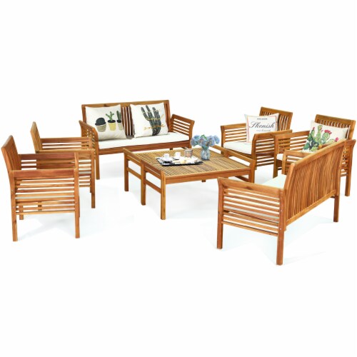 8PCS Wooden Patio Conversation Set Outdoor Furniture Set w/ Cushion Perspective: front