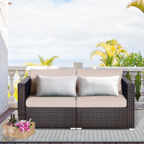 2PCS Patio Rattan Corner Sofa Sectional Furniture Cushion Blue 1