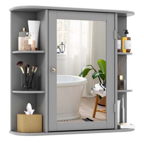 Wall Mounted Medicine Storage Cabinet Bathroom Organizer Cupboard W/Mirror Gray Perspective: front