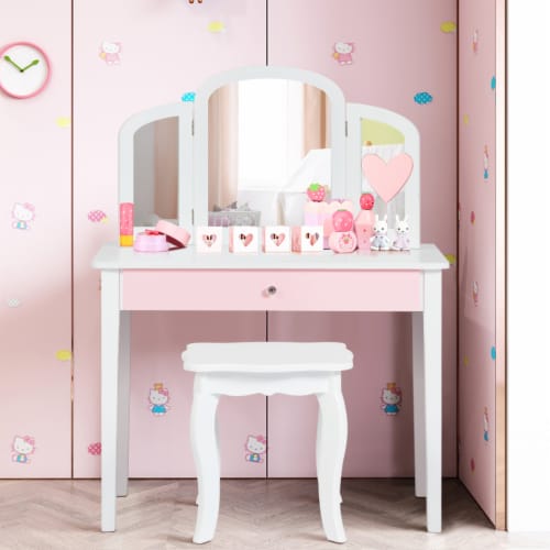 Costway Kids Vanity Set Princess Makeup Dressing Play Table Set W