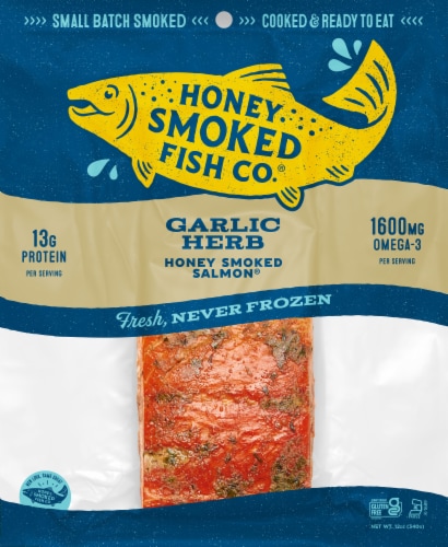 Honey Smoked Salmon 12oz Garlic & Herb Perspective: front