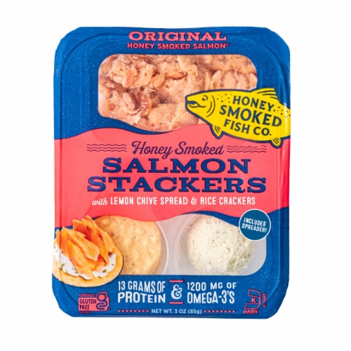 Honey Smoked Fish Original Honey Smoked Salmon Stackers with Lemon-Chive Spread, 3 oz Perspective: front