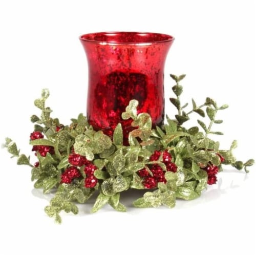 Ganz Kissing Krystals Small Mecury Glass Hurrican Tea Light Candle Holder Mistletoe Set,,Red Perspective: front
