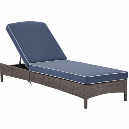 Palm Harbor Outdoor Wicker Chaise Lounge with Navy Cushions - Grey Perspective: front