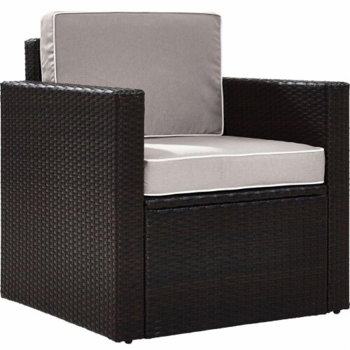 Palm Harbor Outdoor Wicker Arm Chair with Grey Cushions - Brown Perspective: front