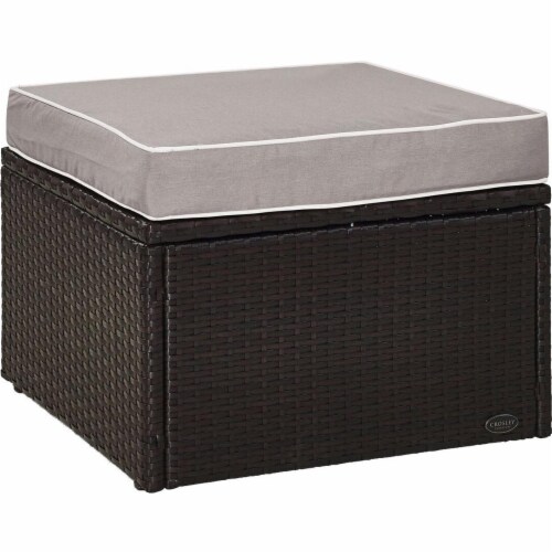 Palm Harbor Outdoor Wicker Ottoman with Grey Cushion - Brown Perspective: front