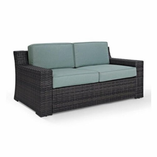 Beaufort Wicker Patio Loveseat In Brown and Mist Perspective: front