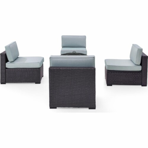Biscayne 4 Person Outdoor Wicker Seating Set, Mist - Four Armless Chairs, Ashland Firepit Perspective: front
