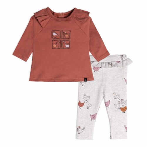 Organic Cotton Top And Pant Set Hen Print Rust And Beige Perspective: front