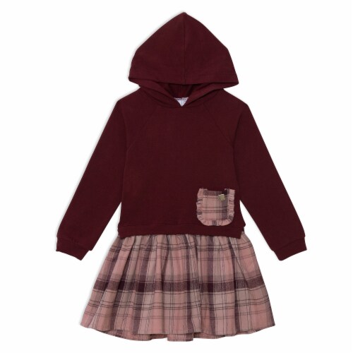 Hooded Long Sleeve Dress Burgundy And Pink Plaid Perspective: front