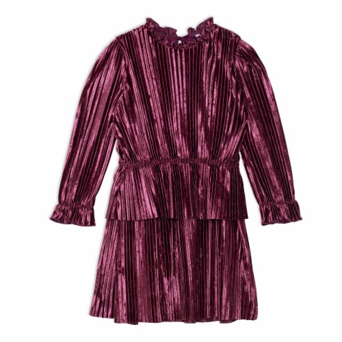 Long Sleeve Crinkle Dress Red Violet Perspective: front