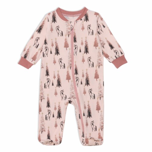 Organic Cotton One Piece Printed Pajamas With Unicorns And Trees Perspective: front