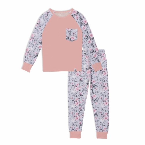 Organic Cotton Two Piece Printed Pajama Set Grey With Roses Perspective: front