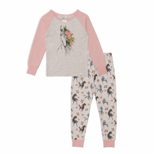Organic Cotton Two Piece Printed Pajama Set With Horses Perspective: front
