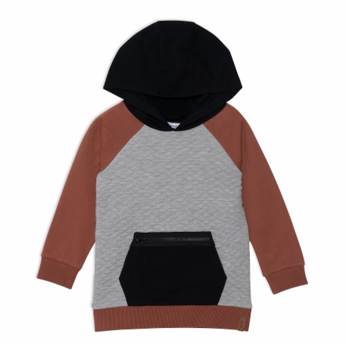 Quilted Hooded Fleece Top With Zipper Pocket Light Heather Grey, Black And Brown Perspective: front
