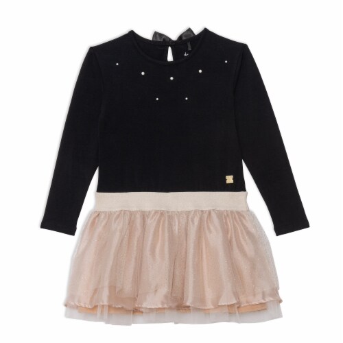 Long Sleeve Dress With Mesh Skirt Black And Beige Perspective: front