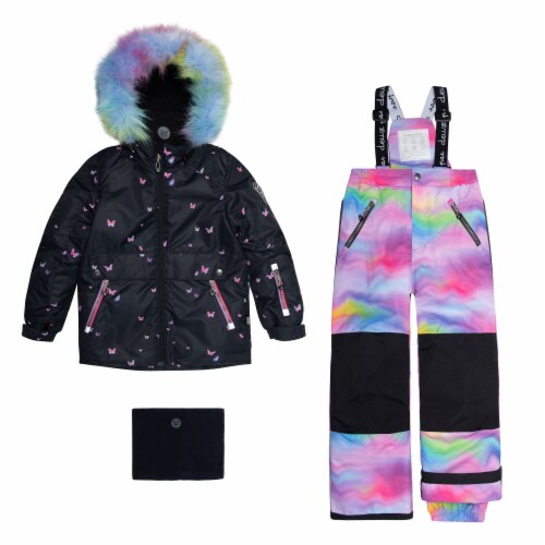 Two Piece Snowsuit Printed Butterflies And Iridescent Rainbow Print Perspective: front