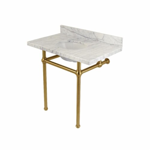 Fauceture KVPB36MB7 Templeton Carrara Marble Bathroom Console Vanity with Brass Pedestal  Car Perspective: front