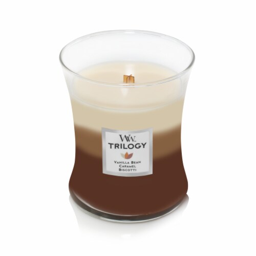 Woodwick® Trilogy Café Sweets Jar Candle Vanilla Bean Caramel and Biscotti Perspective: front