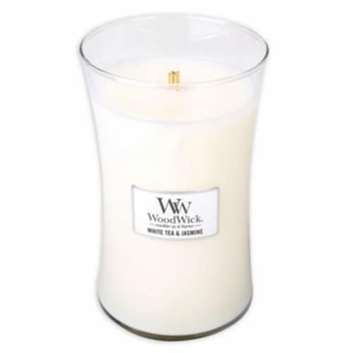 WoodWick® White Tea & Jasmine Large Candle Perspective: front
