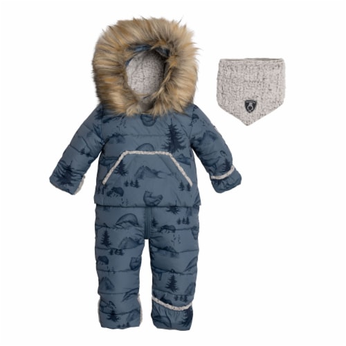 One Piece Snowsuit Blue With Bear Print