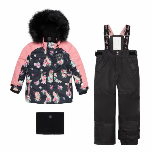 Printed Unicorns Two Piece Snowsuit Coral And Black Perspective: front
