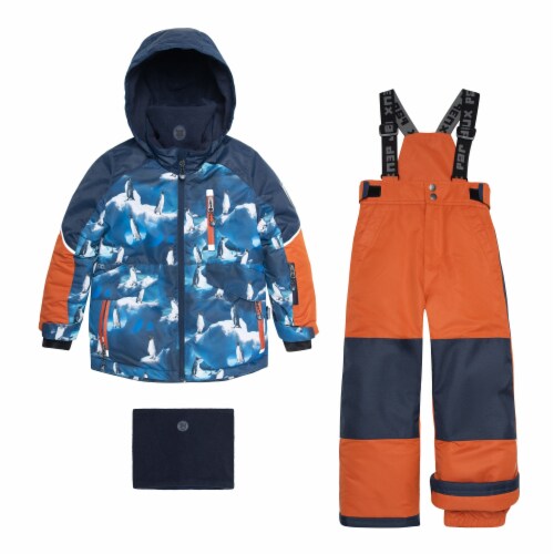 Two Piece Snowsuit Blue With Printed Penguins And Orange Perspective: front