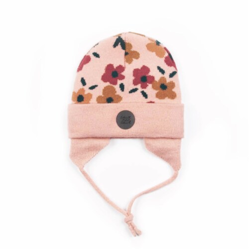 Baby Earflap Winter Hat Pink With Flowers Baby Earflap Winter Hat Pink With Flowers