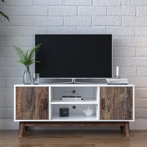 ExBrite TV Stand Wood Modern Entertainment Center Adjustable Storage Cabinet TV Console for Perspective: front