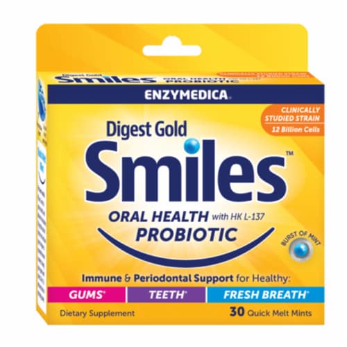 Enzymedica Digest Gold Smiles Probiotic Mints Perspective: front