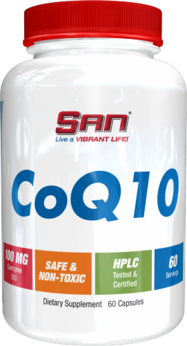 San® CoQ10 Anti Oxidant Free Radical Scavenger Dietary Supplement Perspective: front
